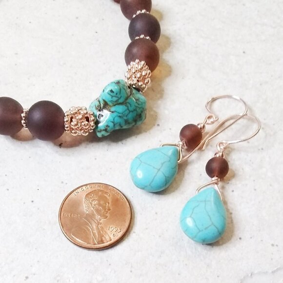 🎁🎁🎁 GIFT WORTHY ~ Beaded Bracelet + Earring Set! Turquoise + Brown + Rosegold - Picture 7 of 8